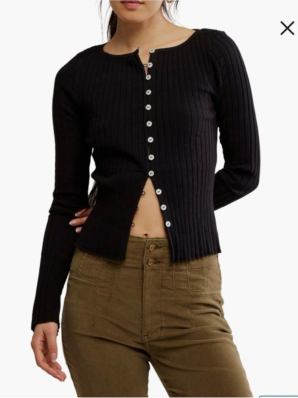 Free People Black Ribbed Button-Front Cardigan/Top Size small